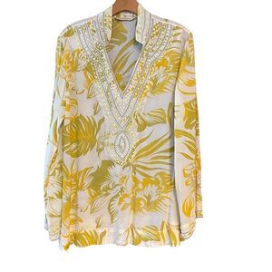 Soft Surroundings M Yellow Heavy Beaded Tropical Palm V-Neck Resort Swim Cover